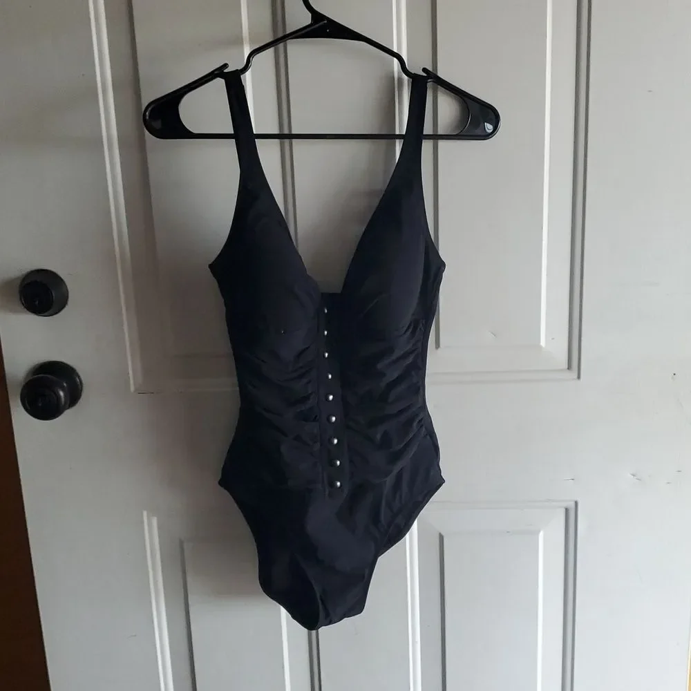 Profile Black Plunge One-Piece Swimsuit with Button Detail
